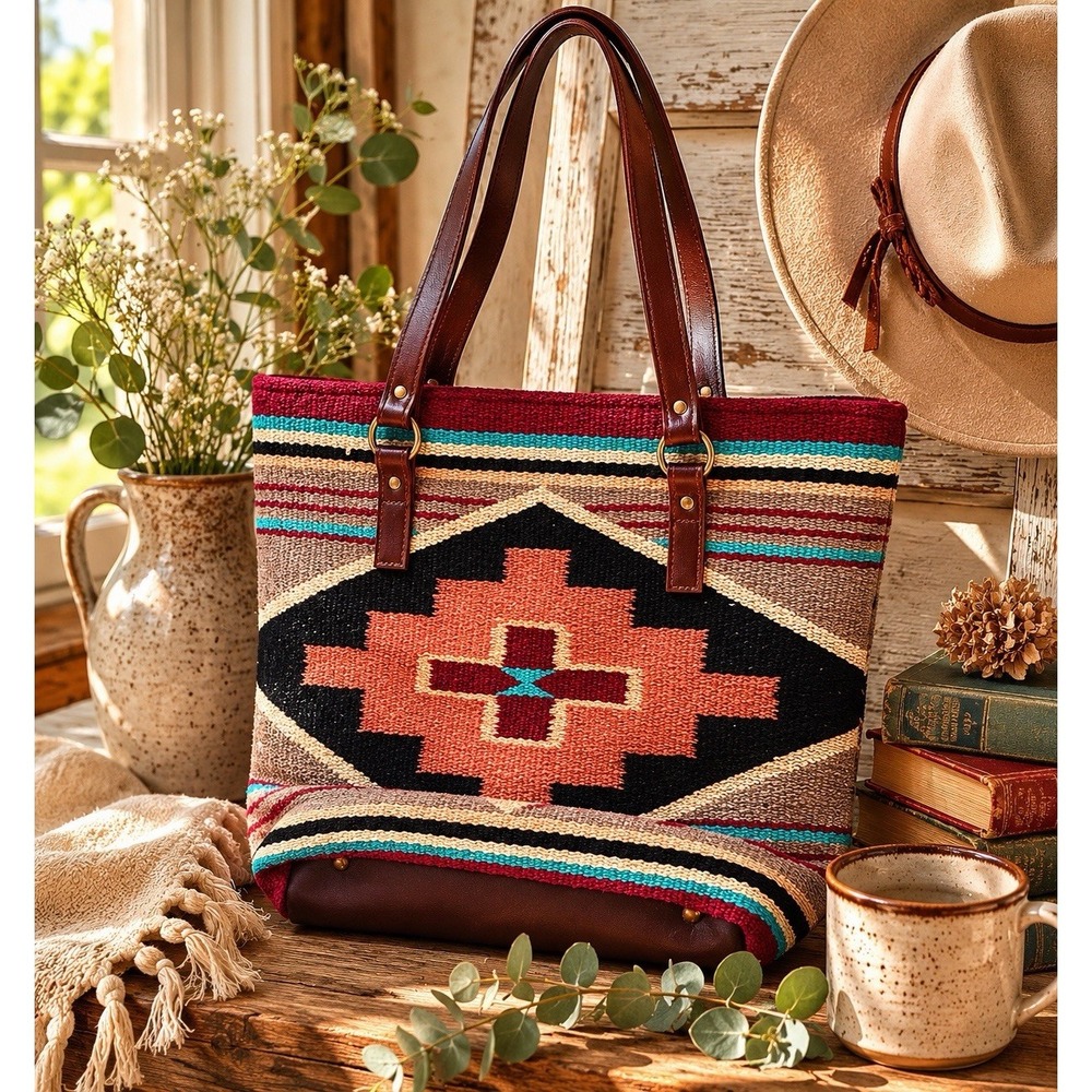 Artisan Boho Tote Southwestern Aztec 16x13" Aqua Red Tan Orange Western‎ Purse